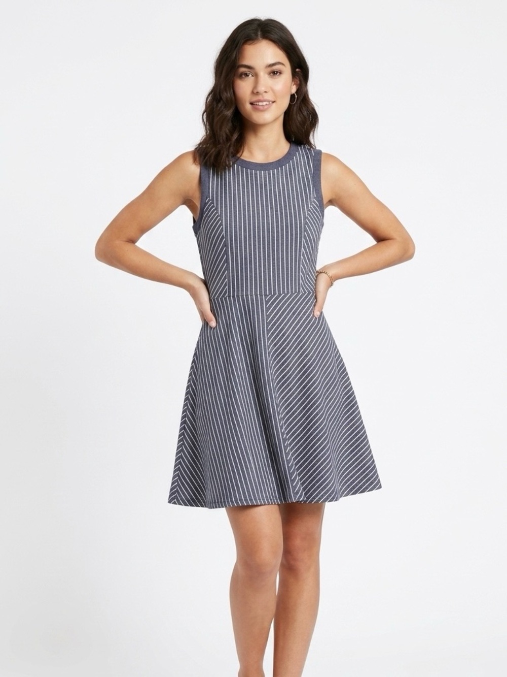 BCBGeneration,  Navy and White Striped Sleeveless Fit & Flare Denim Dress - S